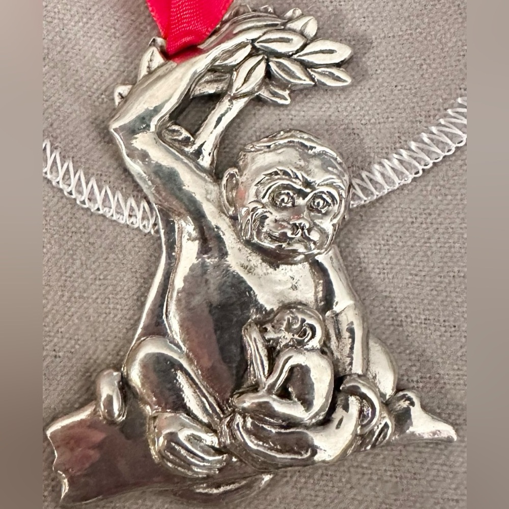 Master Craftsman Signed Pewter Monkey And Baby Christmas Ornament